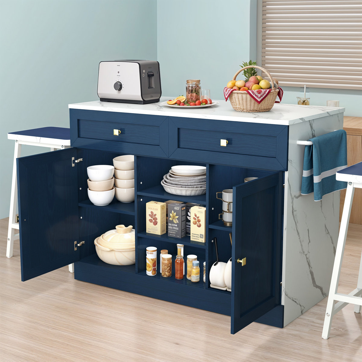 Wrought Studio™ Portable Kitchen Island Kitchen Table with 2 Bar Stools ...